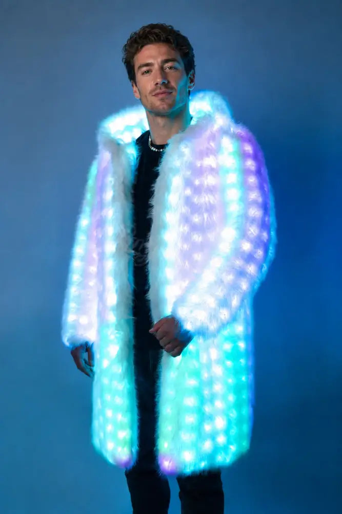 SugarFur Snow Angel Weighted LED Coat - Long-Length White Faux Fur — lights on