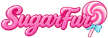 SugarFur pink script logo with a swirled lollipop and aqua bow